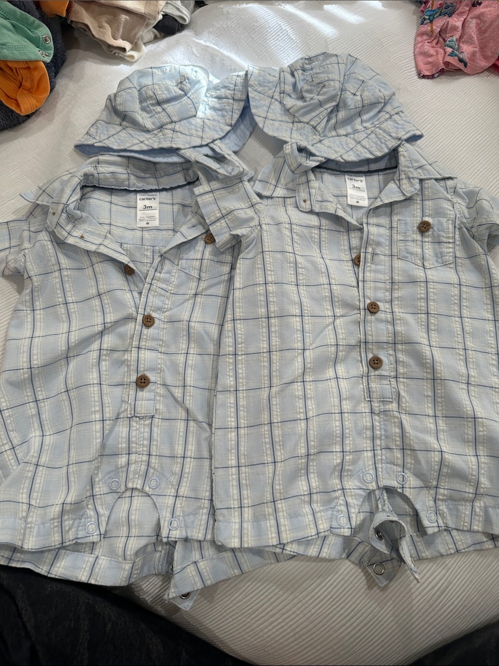 Carter's Light Blue Plaid Button-Front Romper Set with Matching Hat